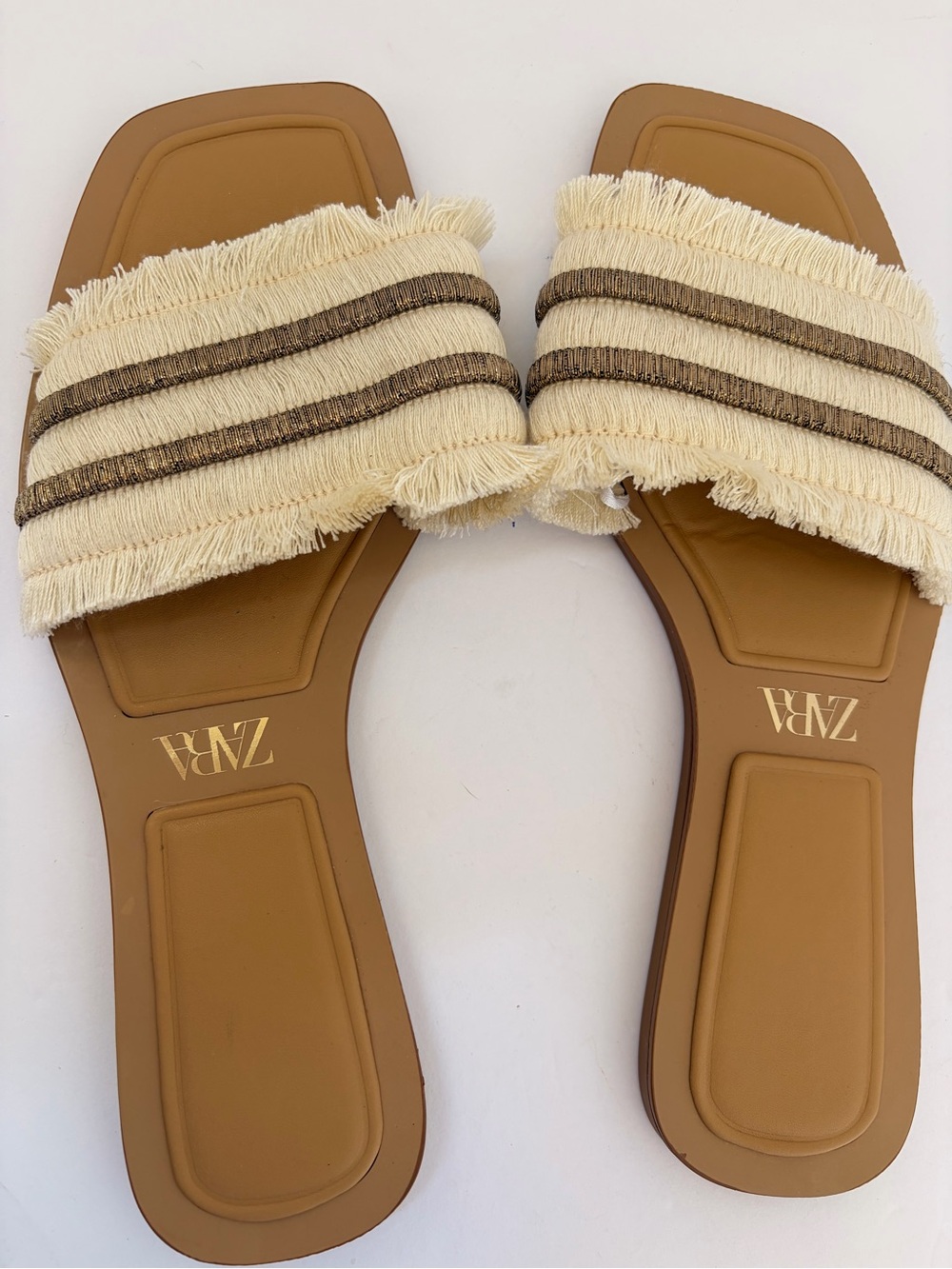 Zara Cream And Tan Fringed Slide Sandals View 3